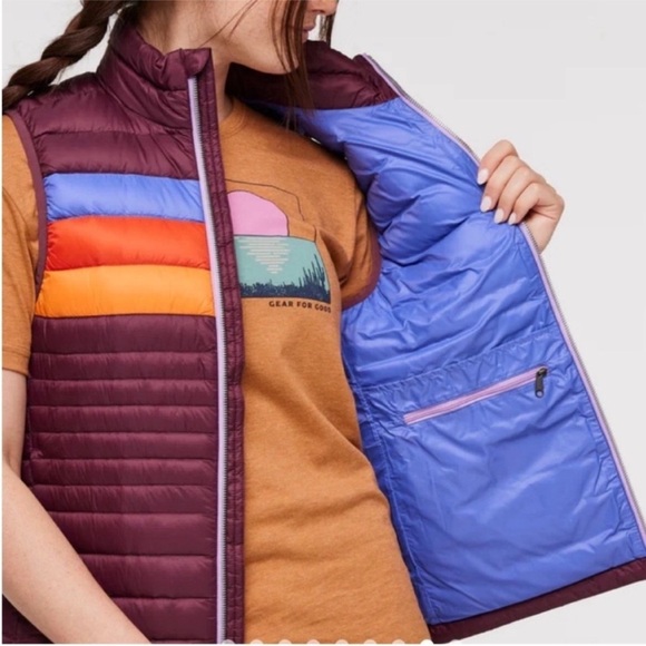 Cotopaxi Women’s 1X Fuego Down Insulated Puff Vest Wine Stripes Maroon NWT - Picture 11 of 12